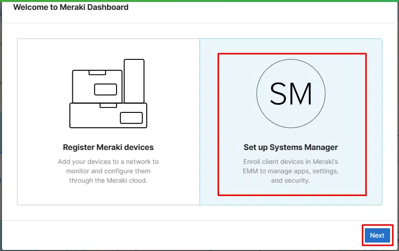 Tela de boas vindas de configuração na plataforma Cisco Meraki