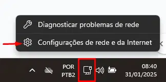 Tela de configurações de rede e de internet
