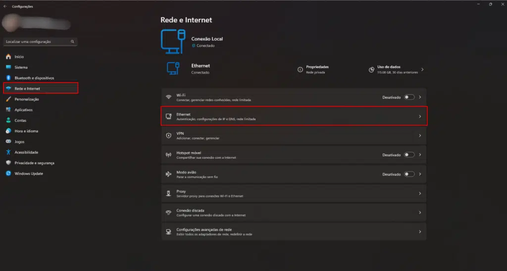 tela para acessar dados de endereço ip e gateway do dispositivo - seleção de adaptador que deseja visualizar
