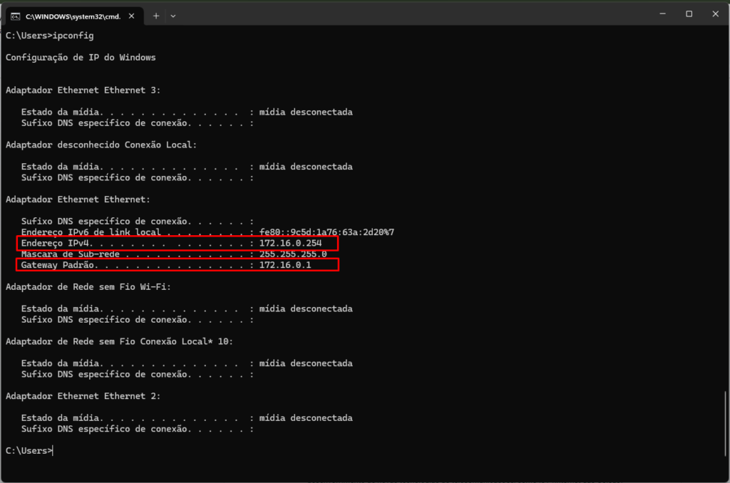 Tela de ipconfig para listar as configurações de rede do computador 